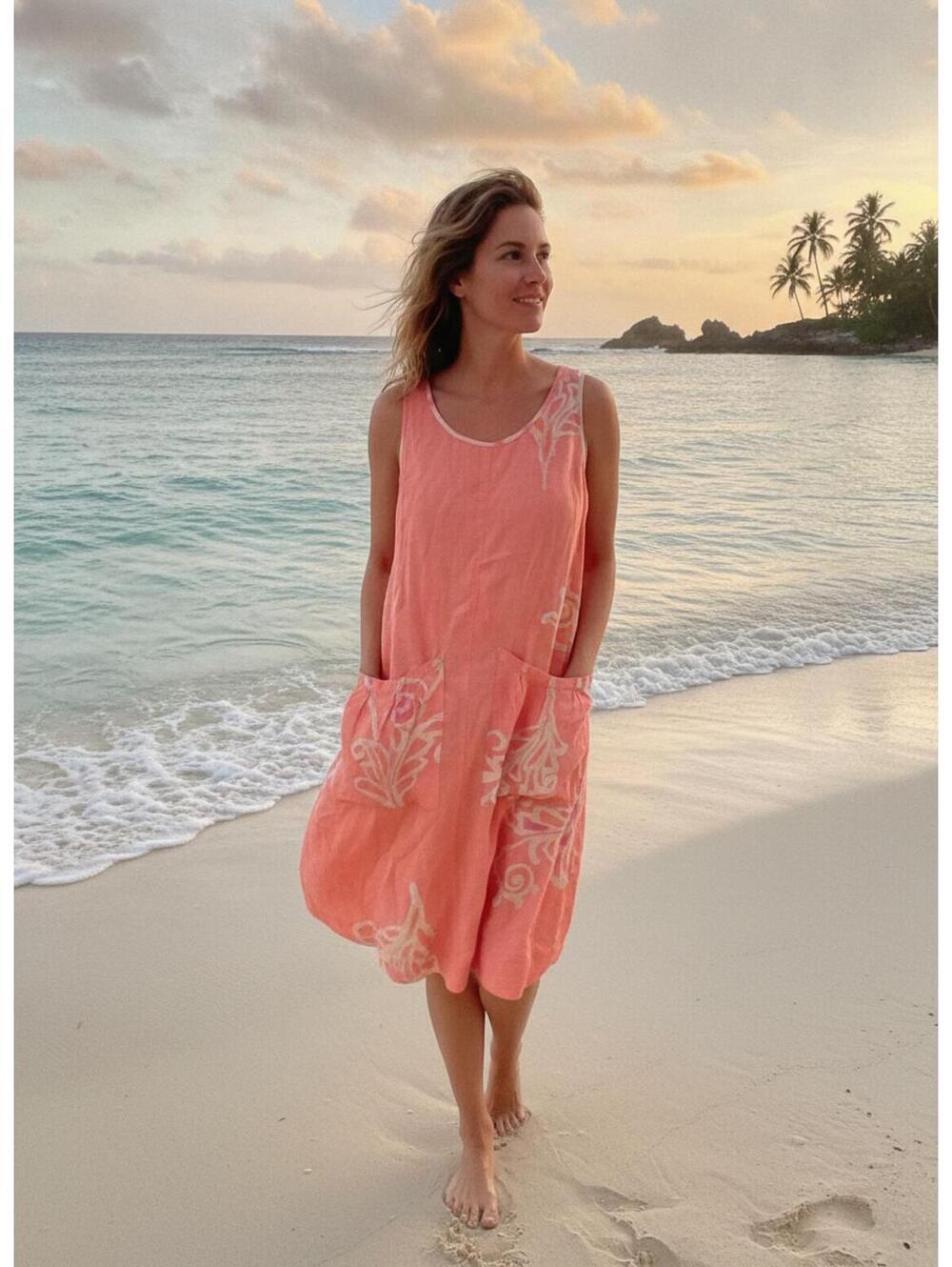 Winter Sun Coral 100% Linen Sleeveless Midi Dress with Abstract Print, Size S